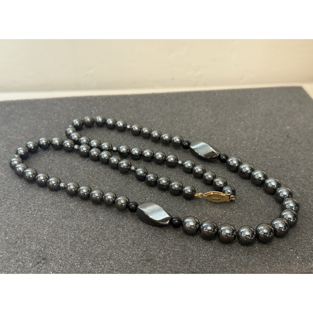 24" Vintage HEMATITE & Onyx Stone Beaded Statement Necklace Estate